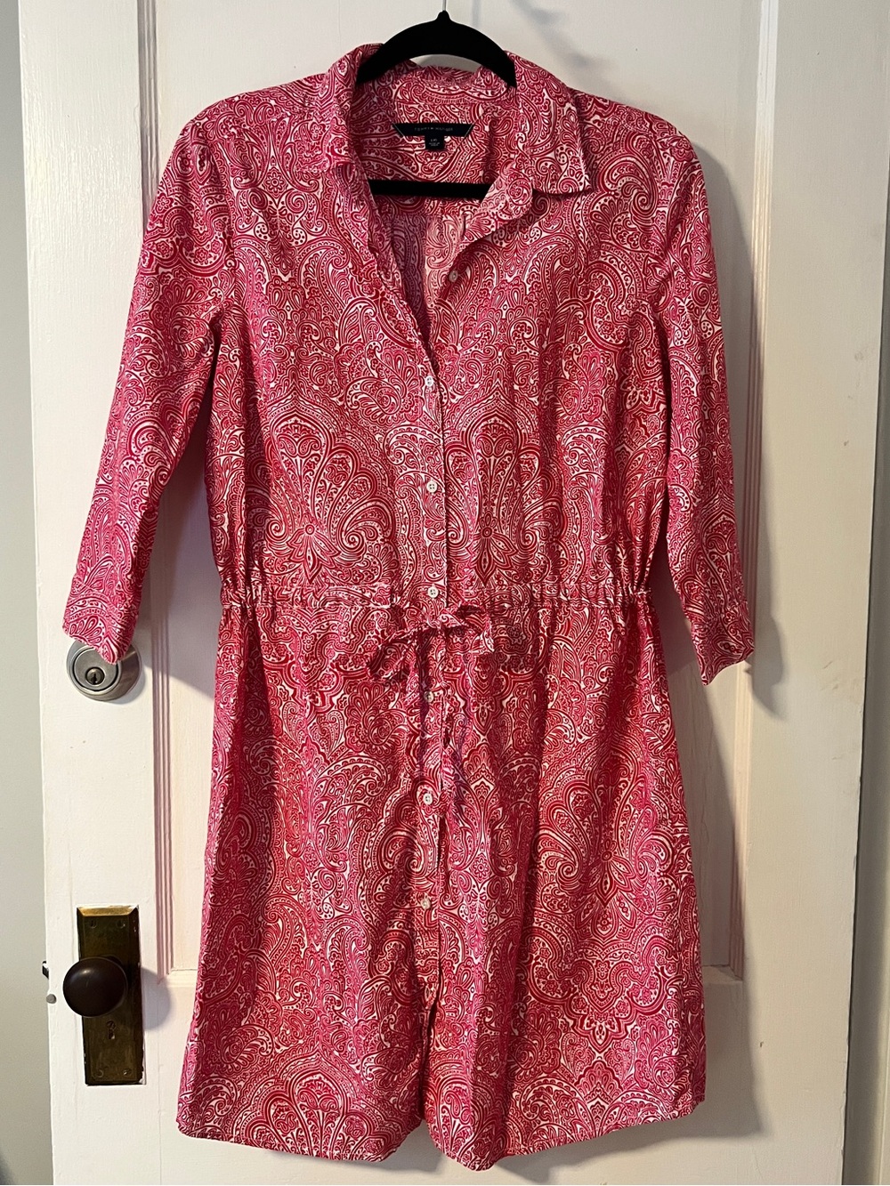 Tommy Hilfiger Pink Paisley Shirt Dress Drawstring 3/4 Sleeve Size L Midi